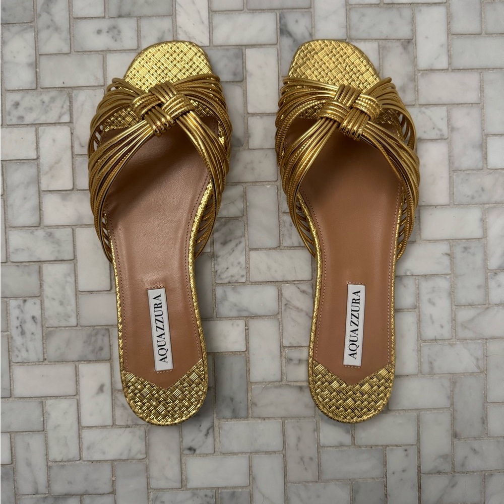 Aquazzura Gold Sandals with Criss-Cross Design and Flat Sole